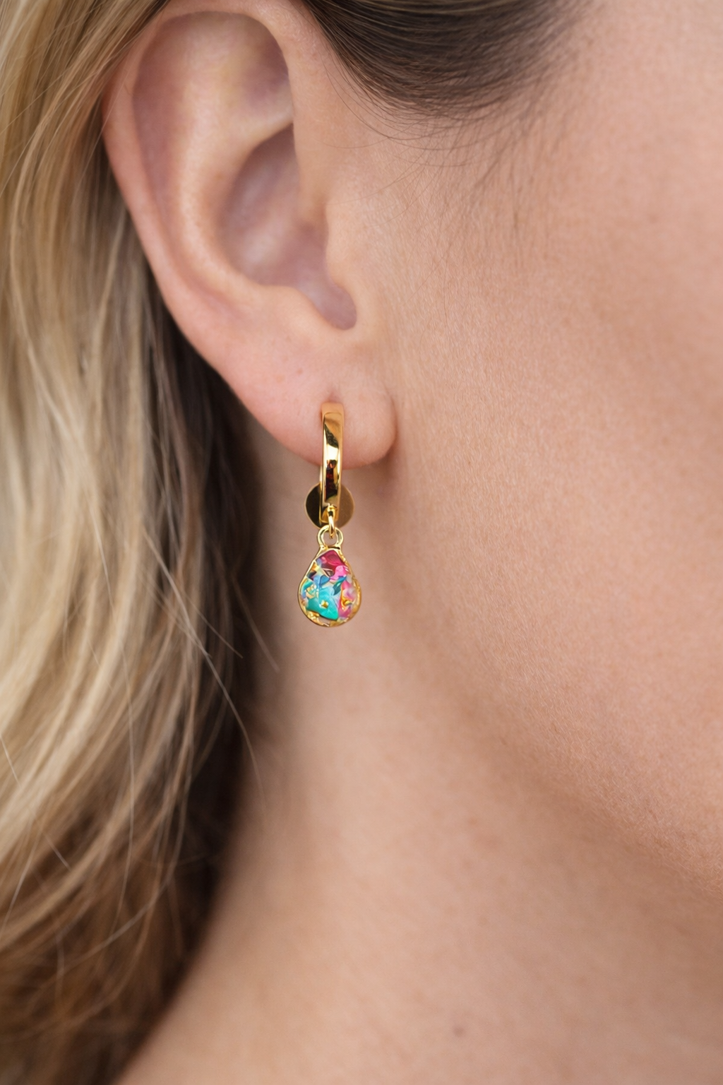 Rainbow Reef Gold Teardrop Huggie
