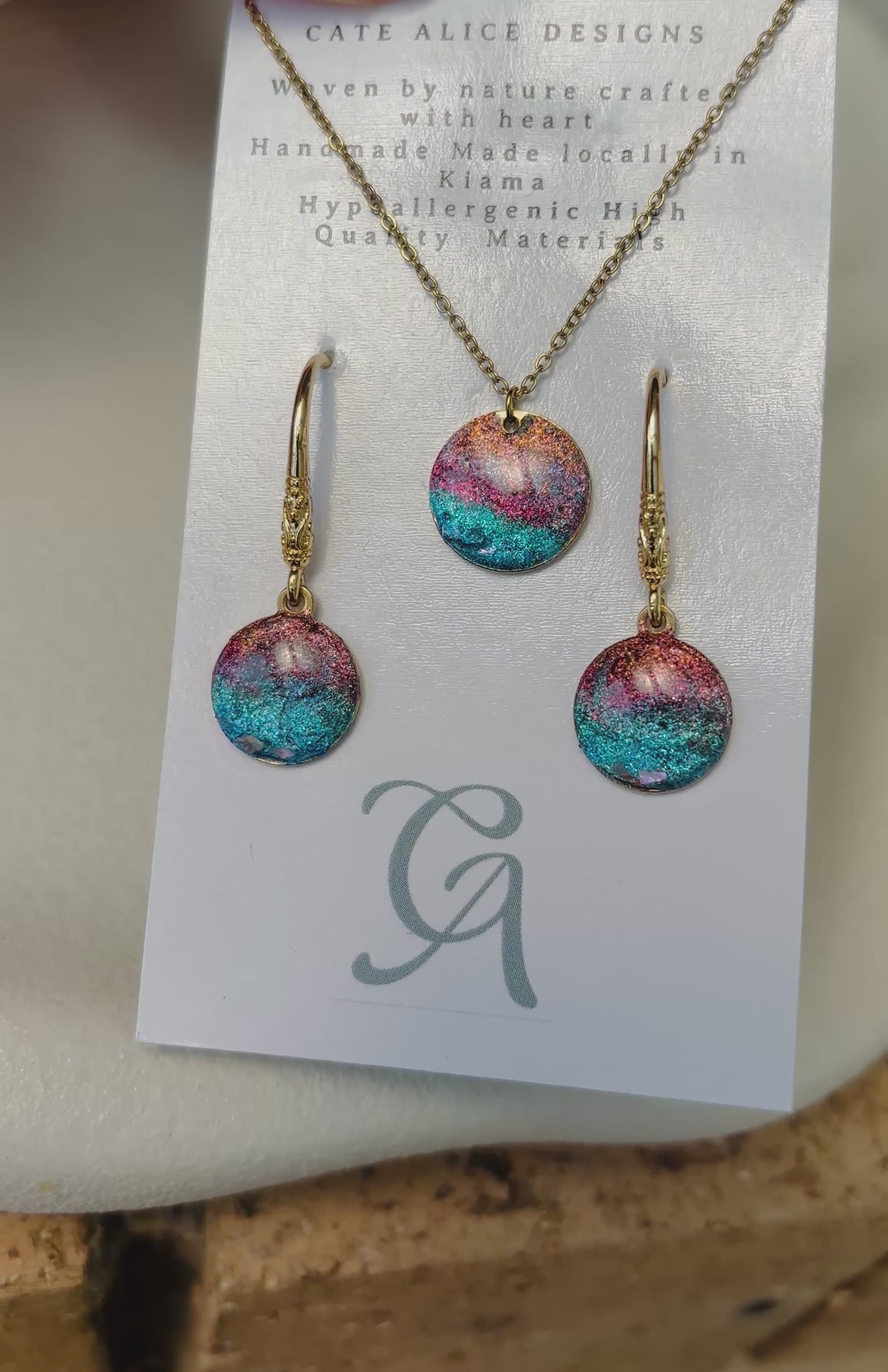 Handmade Sunset Gold Necklace & Earrings Set – 24K Gold Plated Stainless Steel with Real Shell Flake